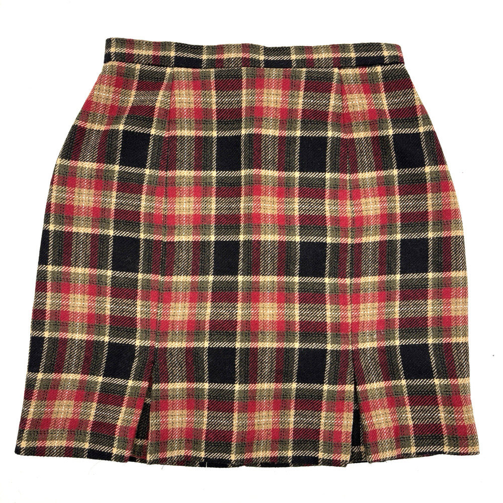 Vintage 80s Easy Pieces Red Brown Wool Blend Plaid A-line Mini Skirt 4 24x17.5"